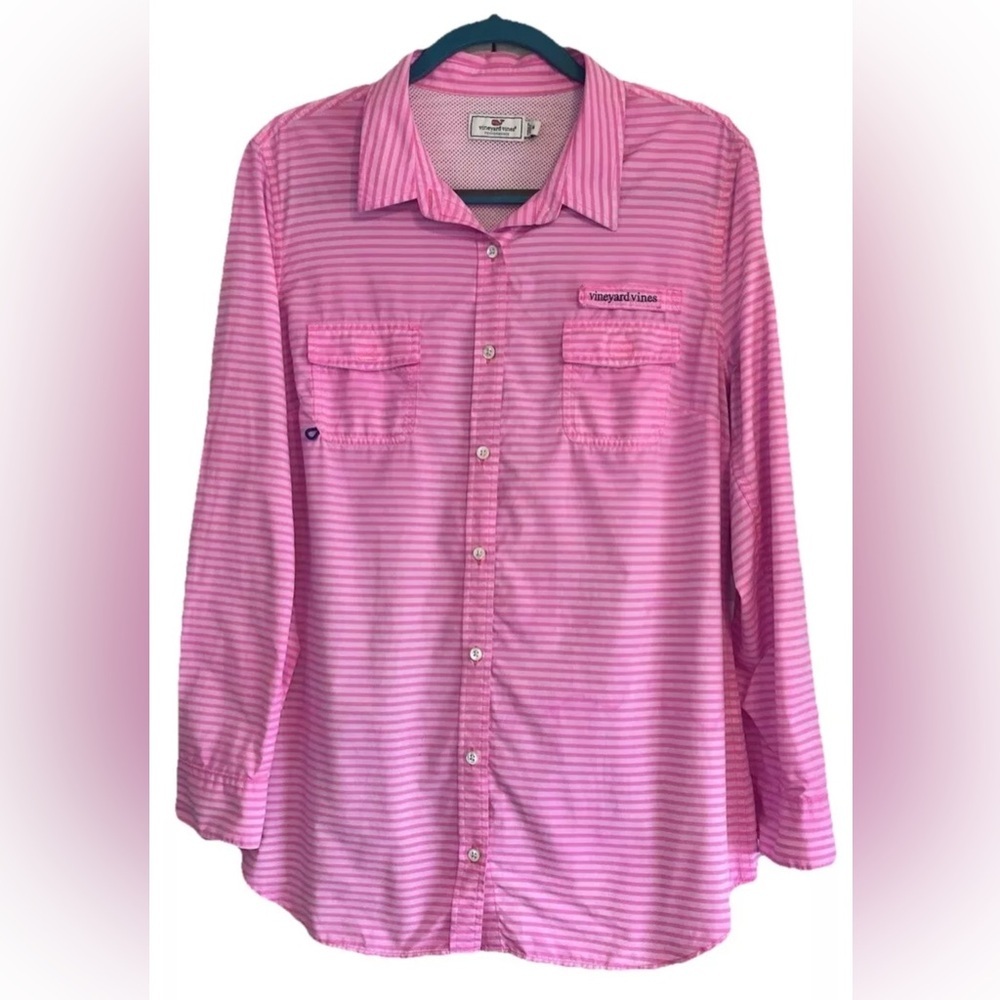 Vineyard Vines Performace Shirt Pink White Stripe SZ 14 Long Sleeve Button Down